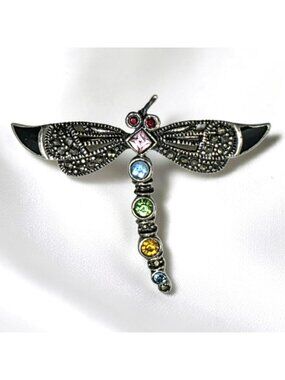 Sterling Silver Dragonfly Brooch Pin 925 Marcasite Multicolor Gemstones Bug READ